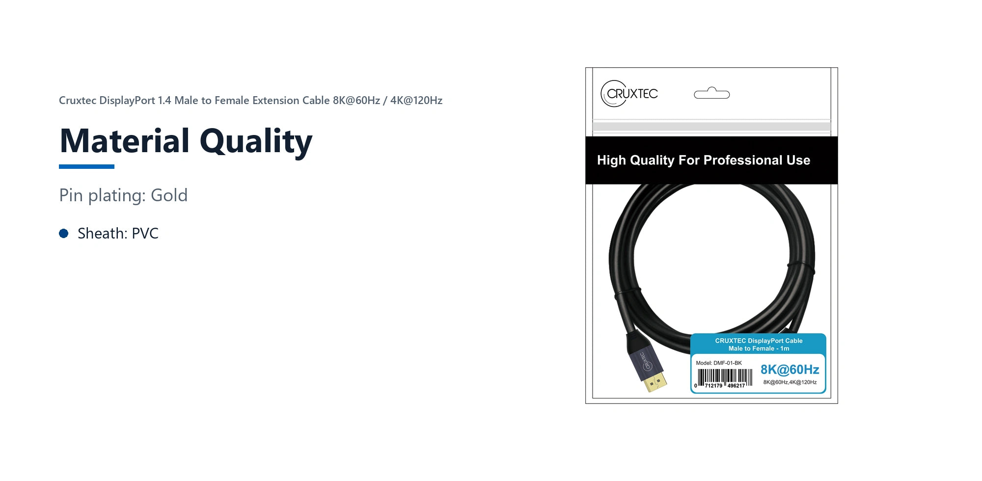 Cruxtec DisplayPort 1.4 Male to Female Extension Cable 8K@60Hz / 4K@120Hz (Black 1m) material quality detail image with verified product information