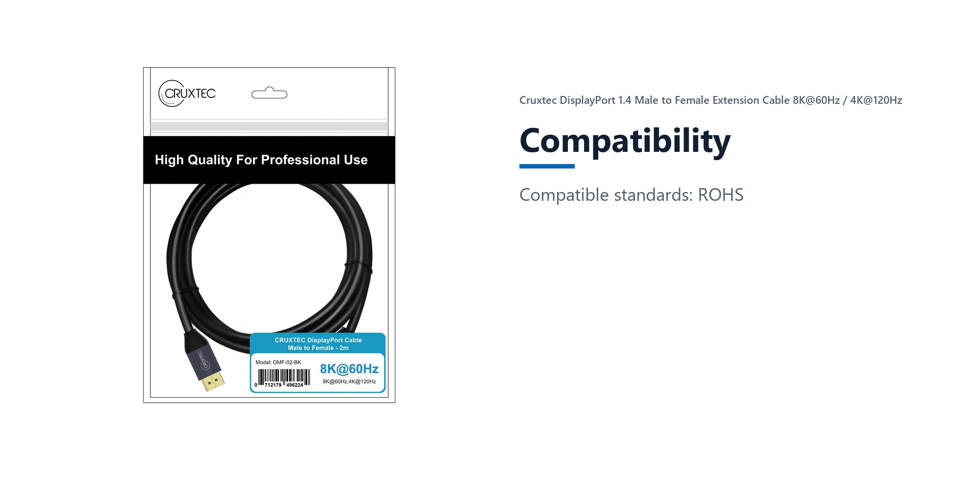 Cruxtec DisplayPort 1.4 Male to Female Extension Cable 8K@60Hz / 4K@120Hz (Black 1m) compatibility detail image with verified product information