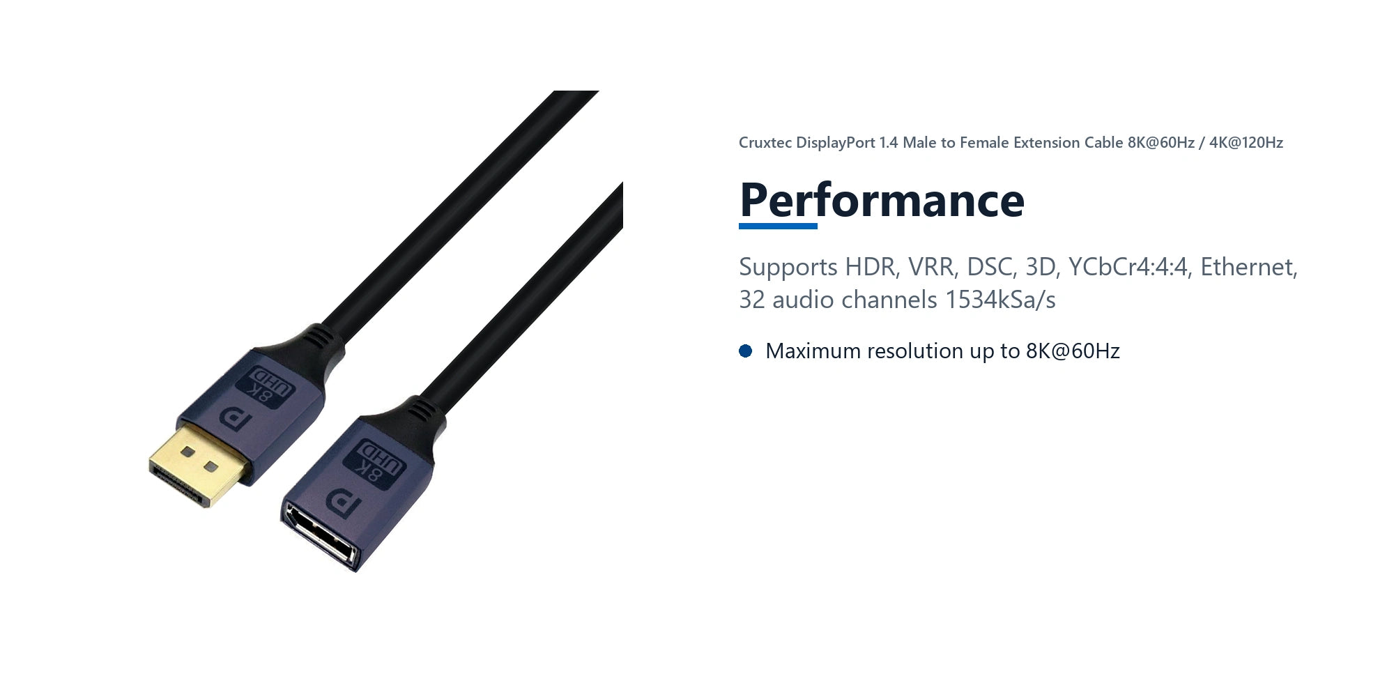 Cruxtec DisplayPort 1.4 Male to Female Extension Cable 8K@60Hz / 4K@120Hz (Black 2m) performance detail image with verified product information