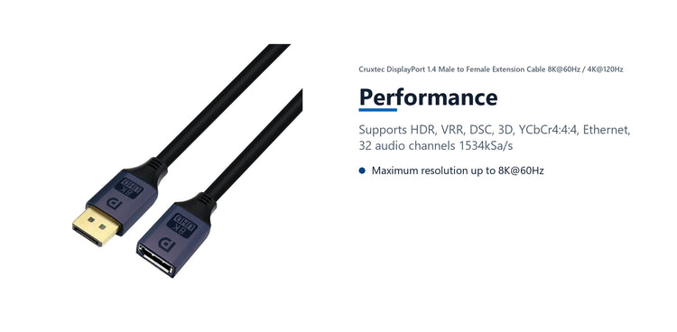 Cruxtec DisplayPort 1.4 Male to Female Extension Cable 8K@60Hz / 4K@120Hz (Black 2m) performance detail image with verified product information
