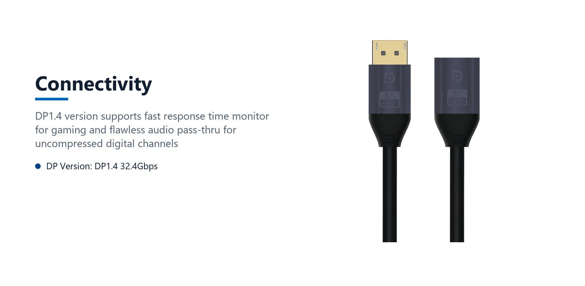 Cruxtec DisplayPort 1.4 Male to Female Extension Cable 8K@60Hz / 4K@120Hz (Black 2m) connectivity detail image with verified product information
