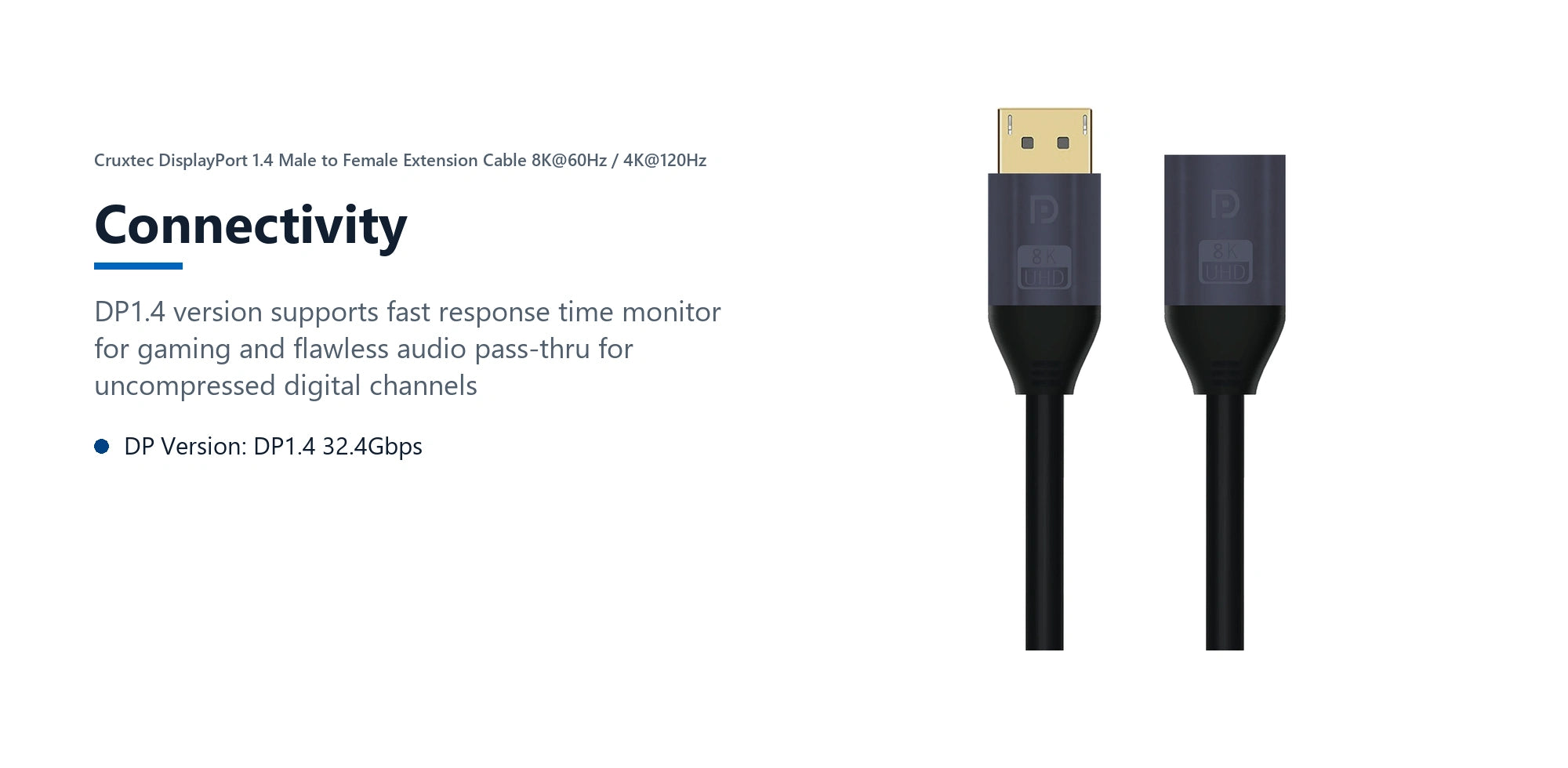 Cruxtec DisplayPort 1.4 Male to Female Extension Cable 8K@60Hz / 4K@120Hz (Black 50cm) connectivity detail image with verified product information
