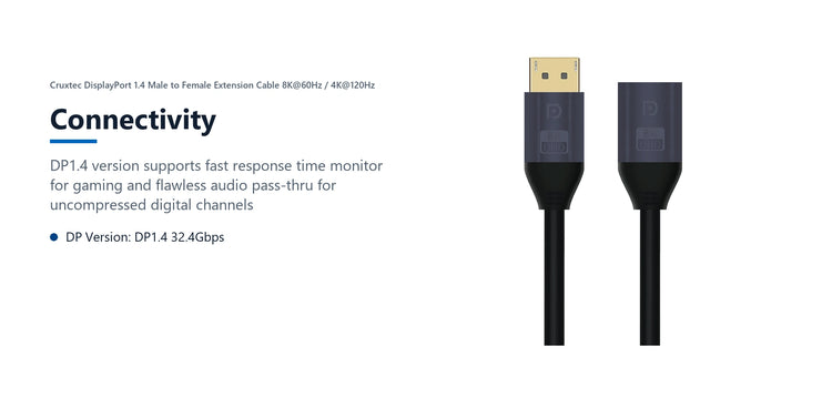 Cruxtec DisplayPort 1.4 Male to Female Extension Cable 8K@60Hz / 4K@120Hz (Black 50cm) connectivity detail image with verified product information