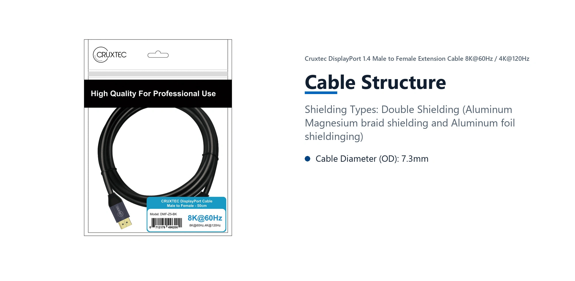 Cruxtec DisplayPort 1.4 Male to Female Extension Cable 8K@60Hz / 4K@120Hz (Black 50cm) cable structure detail image with verified product information