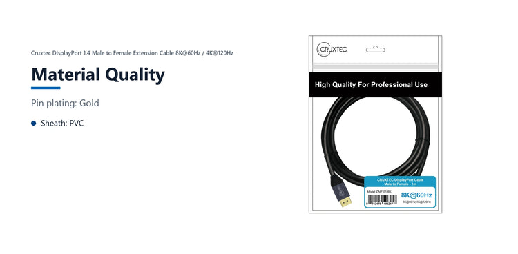 Cruxtec DisplayPort 1.4 Male to Female Extension Cable 8K@60Hz / 4K@120Hz (Black 50cm) material quality detail image with verified product information