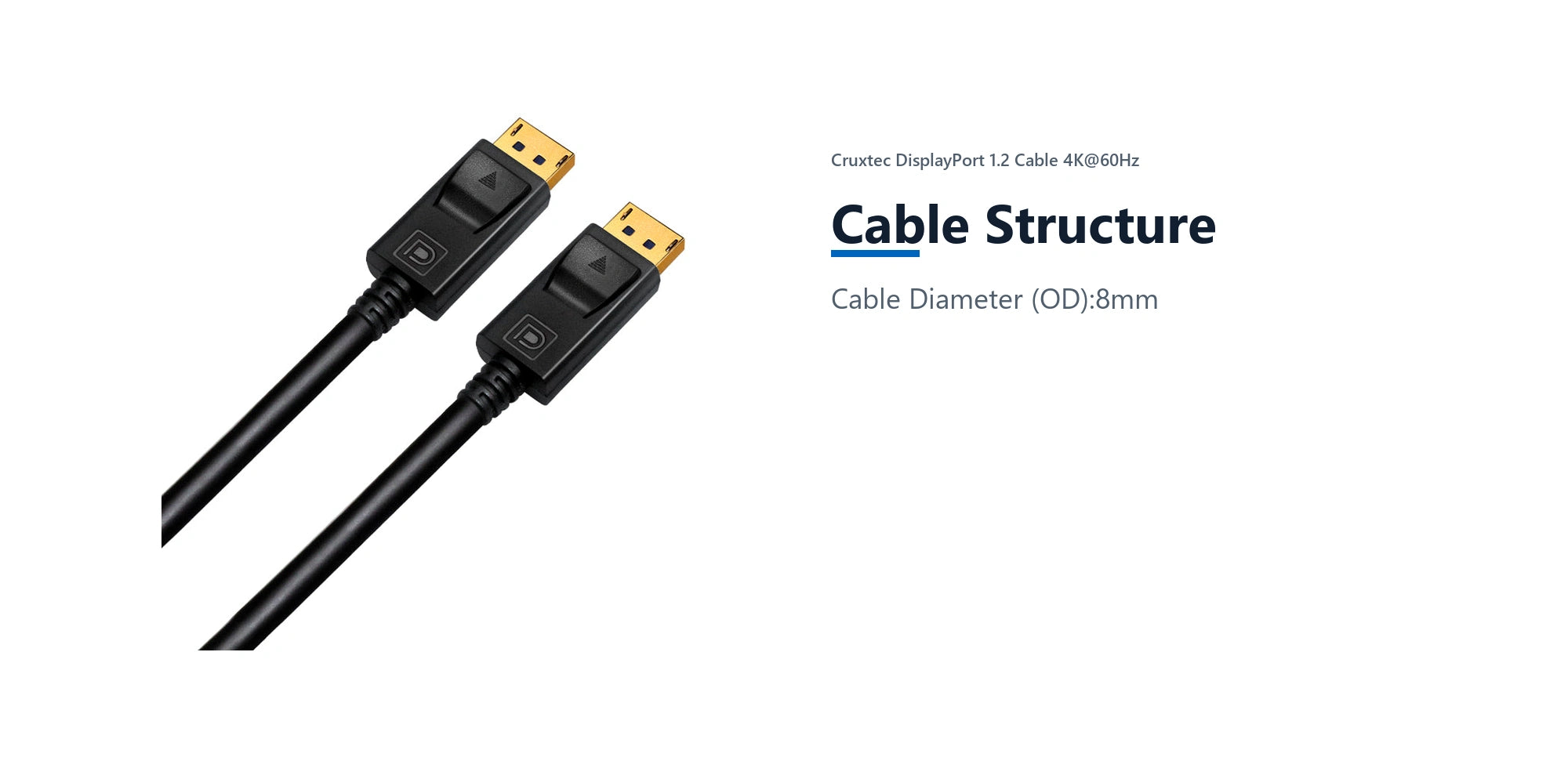 Cruxtec DisplayPort 1.2 Cable 4K@60Hz (Black 5m) cable structure detail image with verified product information