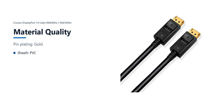 Cruxtec DisplayPort 1.4 Cable 8K@60Hz / 4K@120Hz (Black 2m) material quality detail image with verified product information