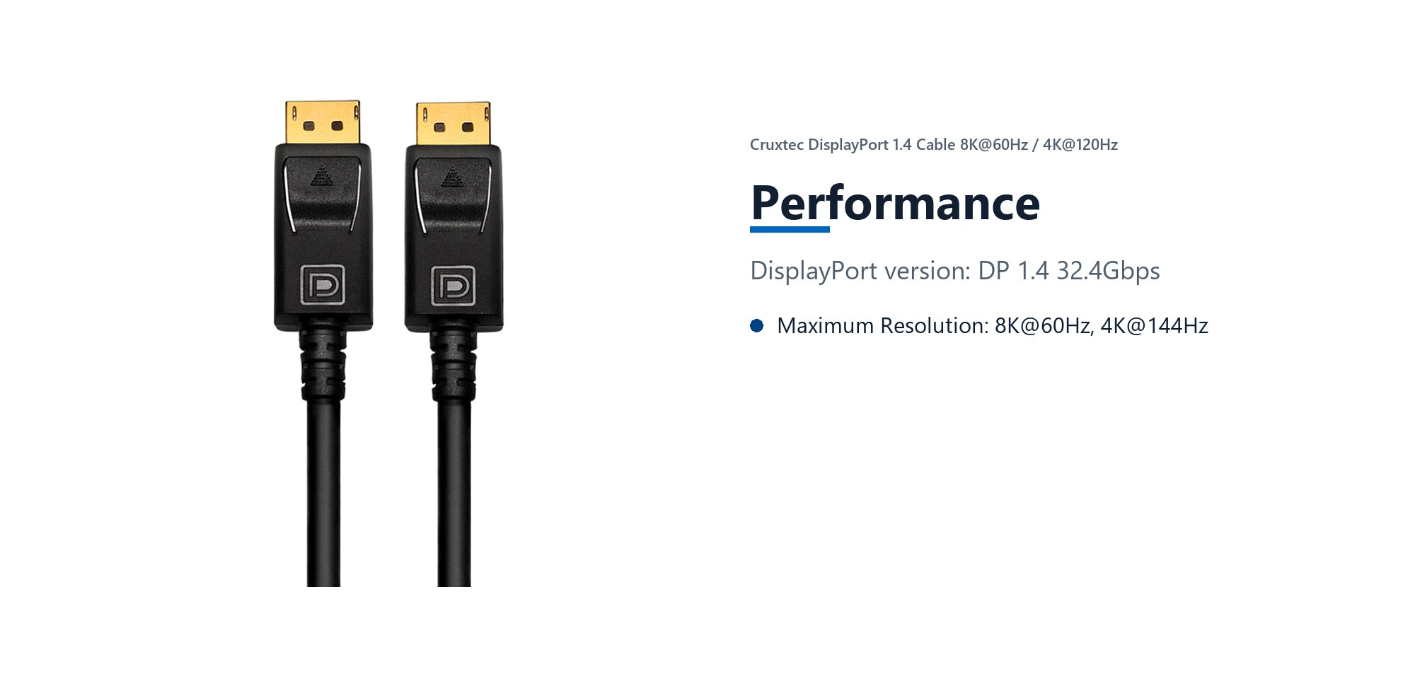 Cruxtec DisplayPort 1.4 Cable 8K@60Hz / 4K@120Hz (Black 3m) performance detail image with verified product information