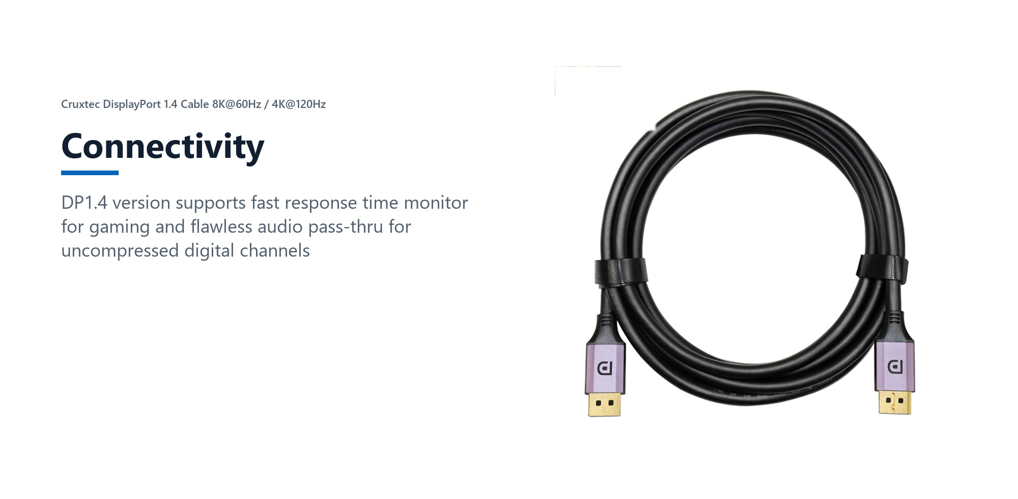 Cruxtec DisplayPort 1.4 Cable 8K@60Hz / 4K@120Hz (Black 5m) connectivity detail image with verified product information