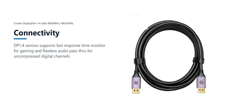 Cruxtec DisplayPort 1.4 Cable 8K@60Hz / 4K@120Hz (Black 5m) connectivity detail image with verified product information