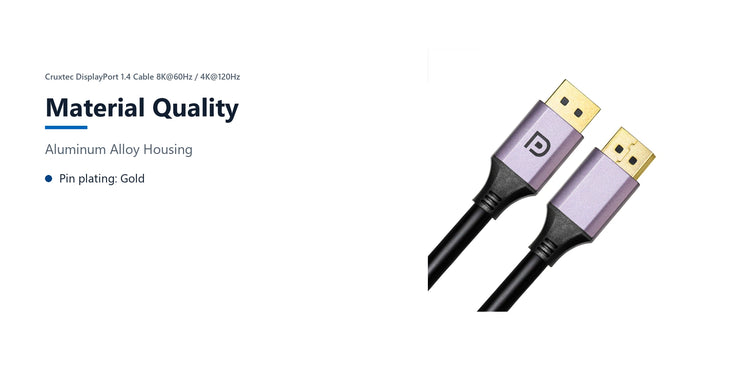 Cruxtec DisplayPort 1.4 Cable 8K@60Hz / 4K@120Hz (Black 5m) material quality detail image with verified product information