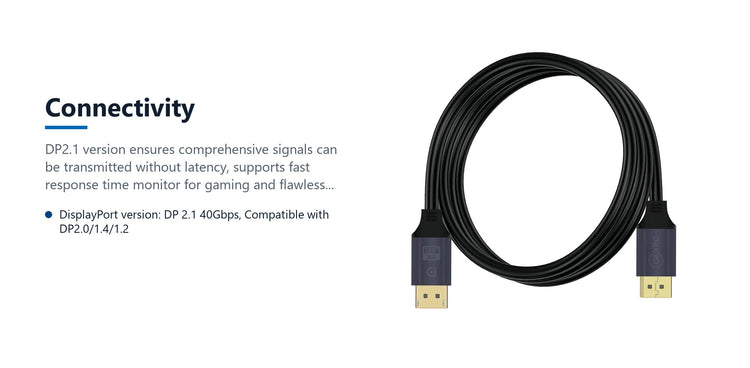 Cruxtec DisplayPort 2.1 Cable 16K@60Hz (Black 2m) connectivity detail image with verified product information