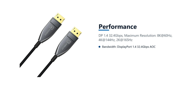 Cruxtec DisplayPort 1.4 Active Optical Fiber Cable 32.4Gbps 8K@60Hz / 4K@120Hz (Black 15m) performance detail image with verified product information