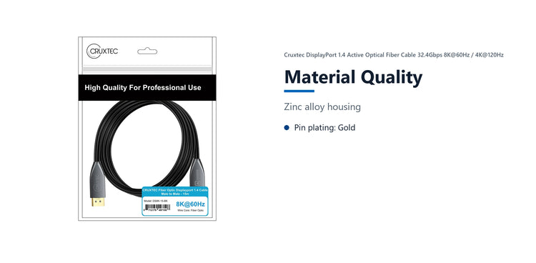 Cruxtec DisplayPort 1.4 Active Optical Fiber Cable 32.4Gbps 8K@60Hz / 4K@120Hz (Black 15m) material quality detail image with verified product information