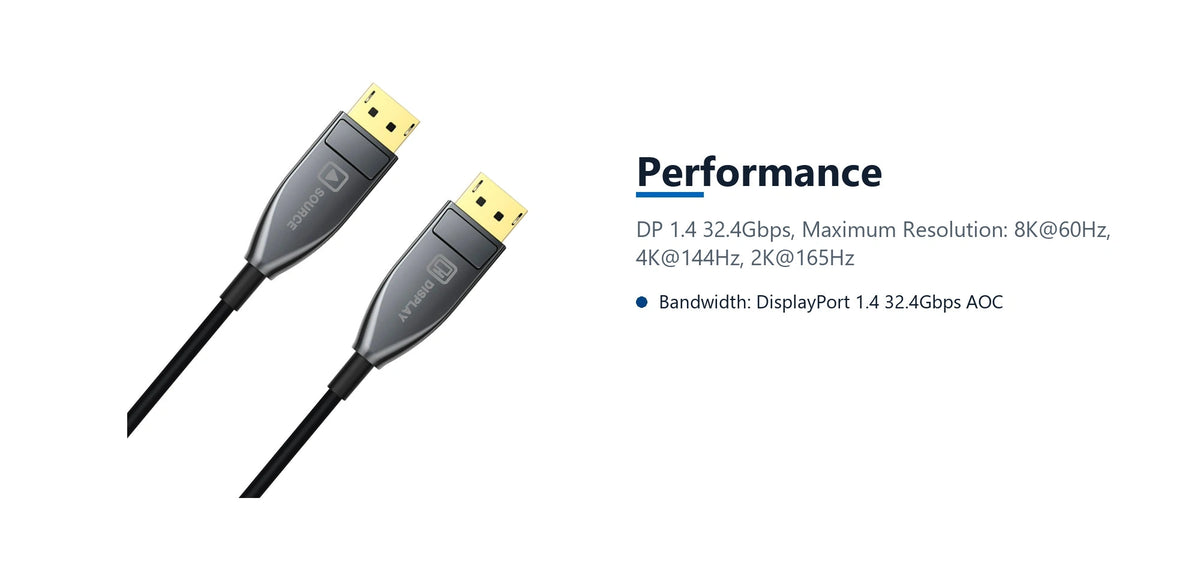 Cruxtec DisplayPort 1.4 Active Optical Fiber Cable 32.4Gbps 8K@60Hz / 4K@120Hz (Black 20m) performance detail image with verified product information