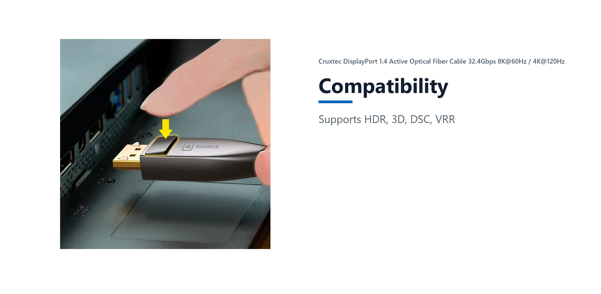 Cruxtec DisplayPort 1.4 Active Optical Fiber Cable 32.4Gbps 8K@60Hz / 4K@120Hz (Black 20m) compatibility detail image with verified product information