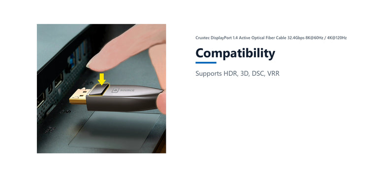 Cruxtec DisplayPort 1.4 Active Optical Fiber Cable 32.4Gbps 8K@60Hz / 4K@120Hz (Black 20m) compatibility detail image with verified product information