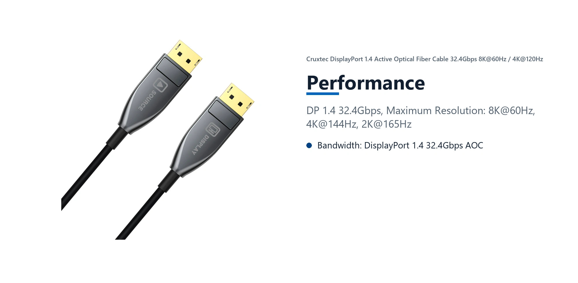 Cruxtec DisplayPort 1.4 Active Optical Fiber Cable 32.4Gbps 8K@60Hz / 4K@120Hz (Black 30m) performance detail image with verified product information