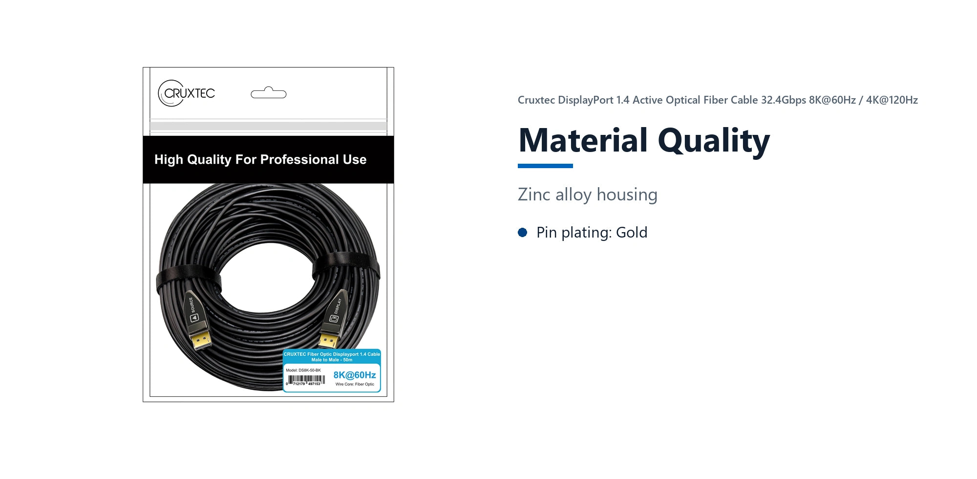 Cruxtec DisplayPort 1.4 Active Optical Fiber Cable 32.4Gbps 8K@60Hz / 4K@120Hz (Black 50m) material quality detail image with verified product information