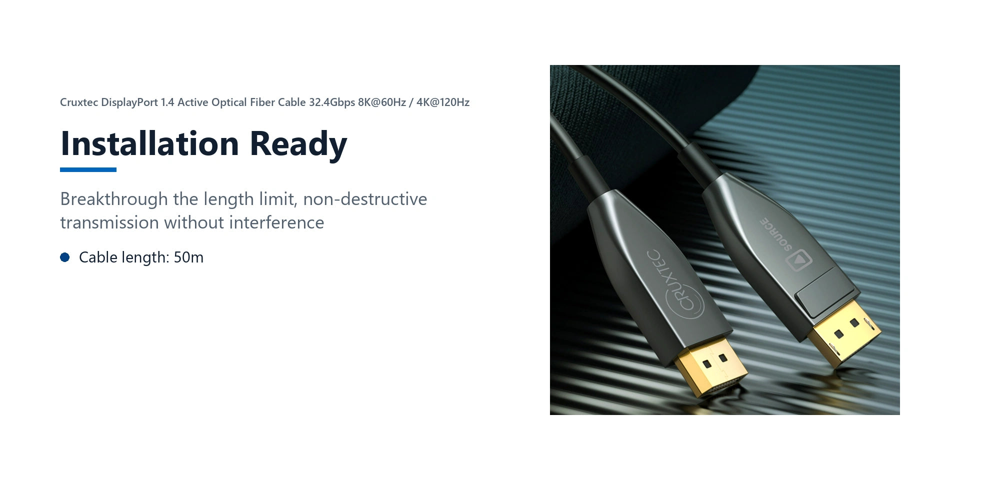 Cruxtec DisplayPort 1.4 Active Optical Fiber Cable 32.4Gbps 8K@60Hz / 4K@120Hz (Black 50m) installation ready detail image with verified product information