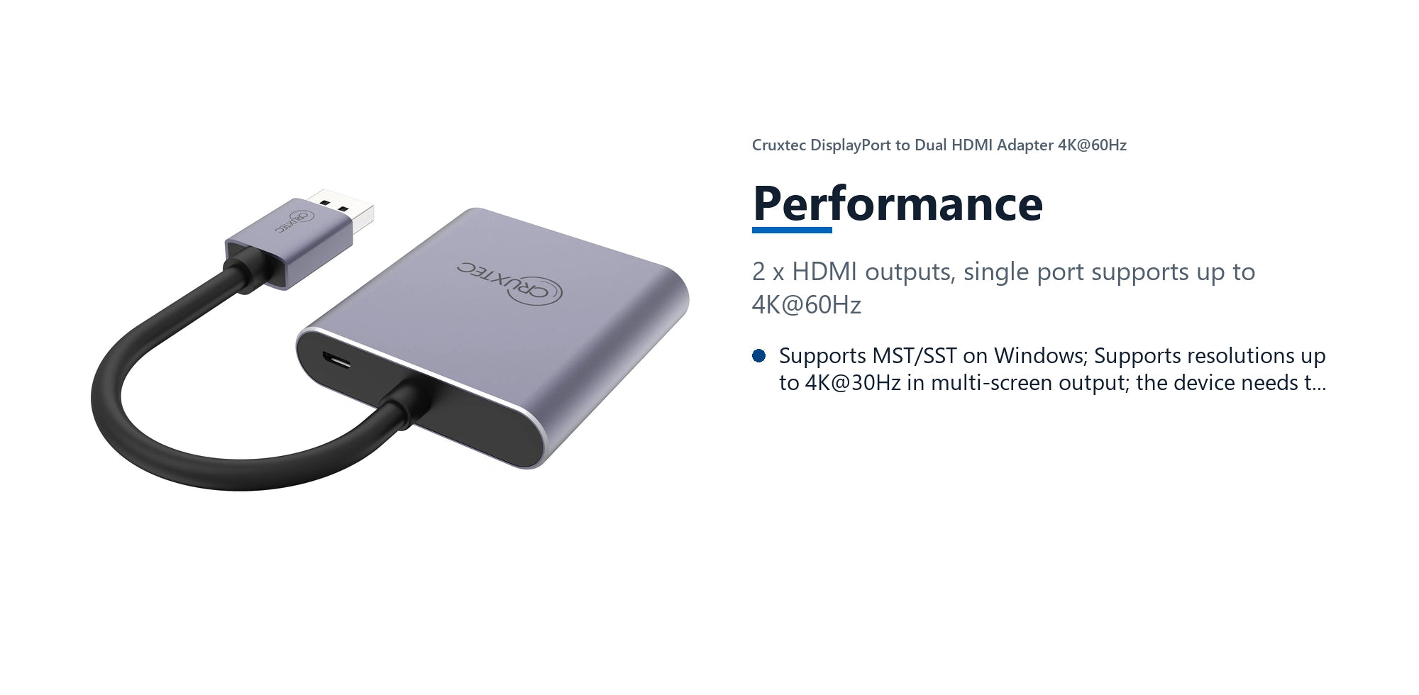 Cruxtec DisplayPort to Dual HDMI Adapter 4K@60Hz (Silver Grey 15cm) performance detail image with verified product information