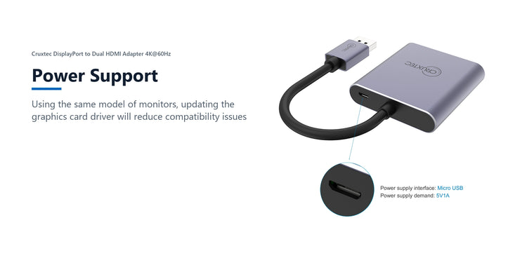 Cruxtec DisplayPort to Dual HDMI Adapter 4K@60Hz (Silver Grey 15cm) power support detail image with verified product information