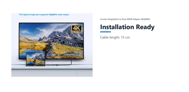 Cruxtec DisplayPort to Dual HDMI Adapter 4K@60Hz (Silver Grey 15cm) installation ready detail image with verified product information