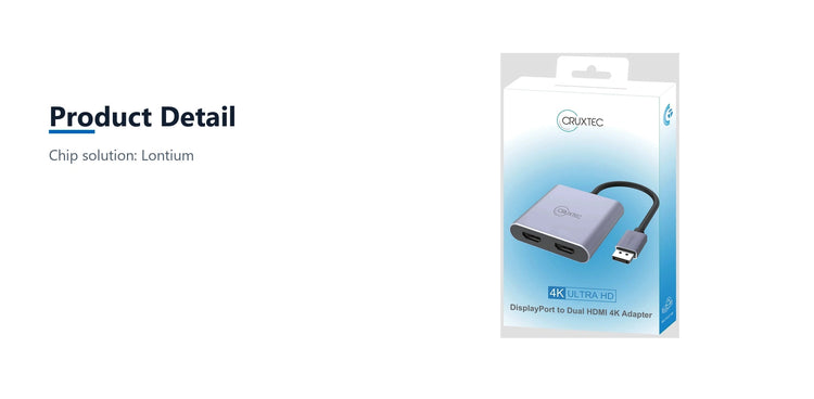 Cruxtec DisplayPort to Dual HDMI Adapter 4K@60Hz (Silver Grey 15cm) product detail detail image with verified product information