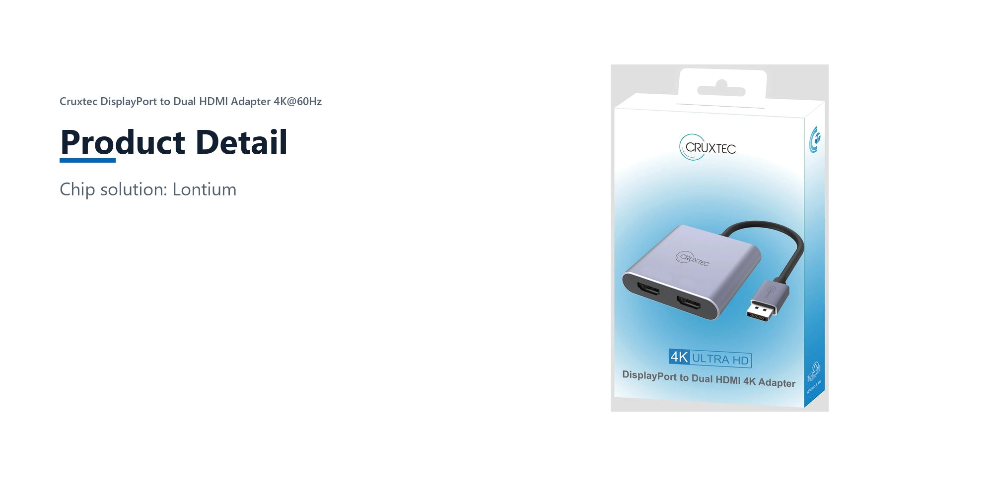 Cruxtec DisplayPort to Dual HDMI Adapter 4K@60Hz (Silver Grey 15cm) product detail detail image with verified product information