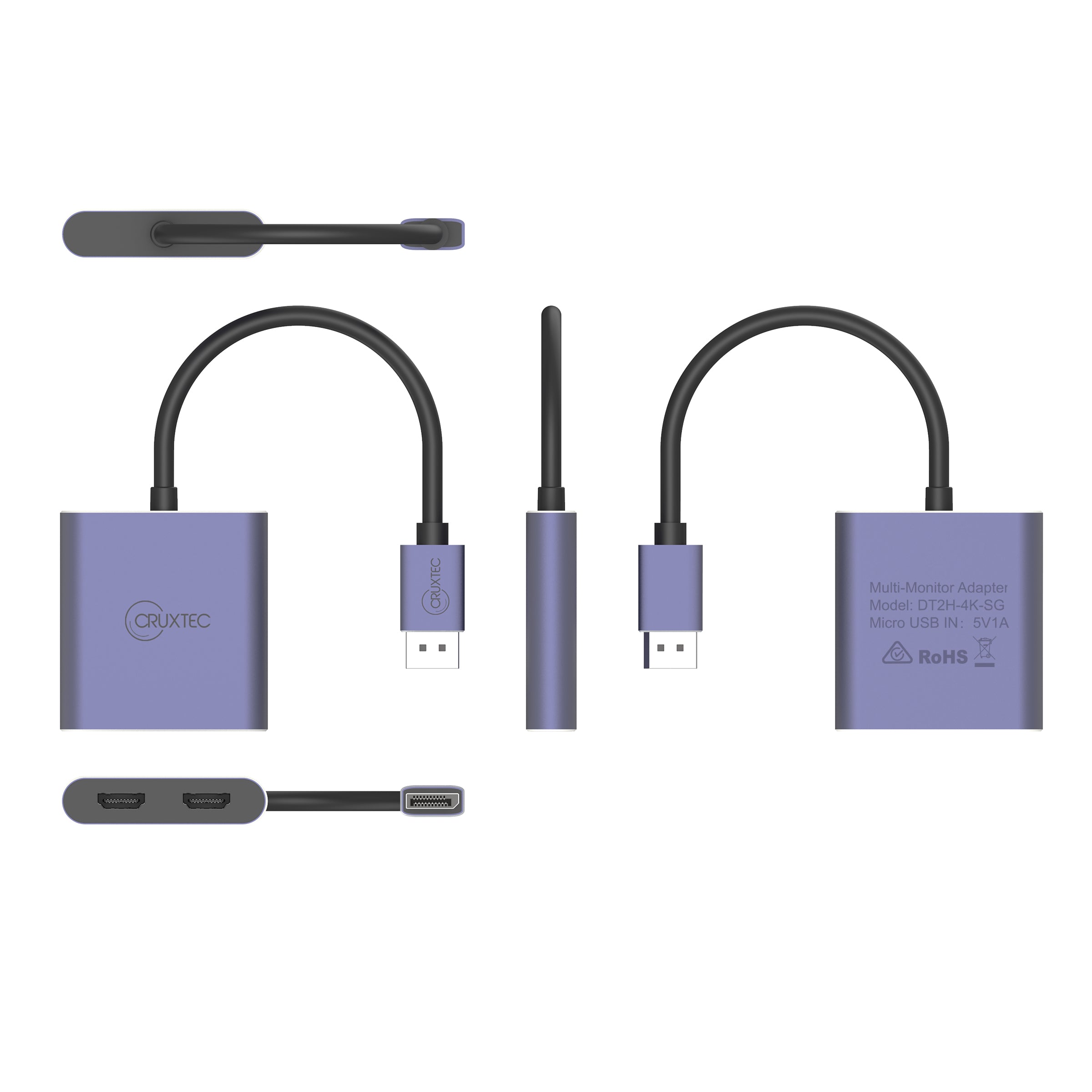Cruxtec DisplayPort to Dual HDMI Adapter 4K@60Hz (Silver Grey 15cm) image