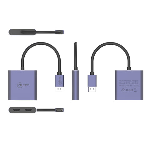 Cruxtec DisplayPort to Dual HDMI Adapter 4K@60Hz (Silver Grey 15cm) image