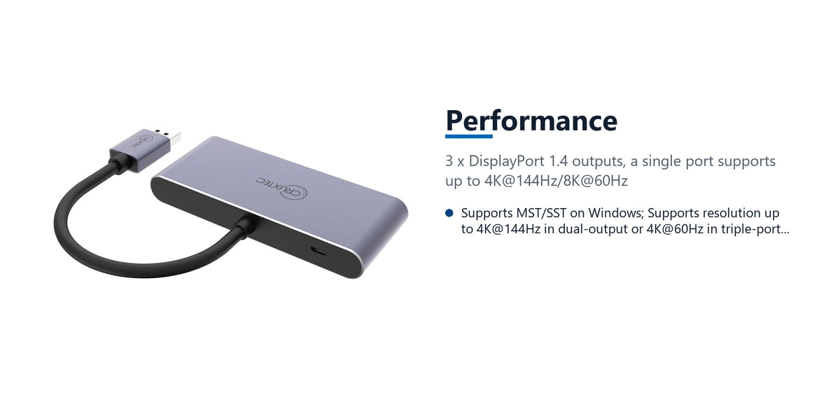 Cruxtec DisplayPort to Triple DisplayPort Multi-Monitor Adapter 8K@60Hz (Silver Grey 15cm) performance detail image with verified product information
