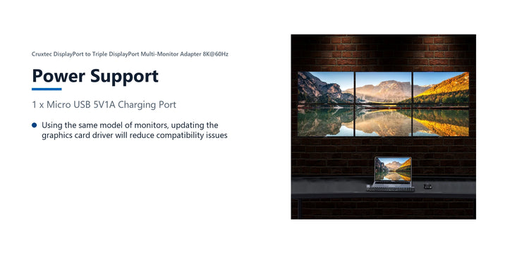Cruxtec DisplayPort to Triple DisplayPort Multi-Monitor Adapter 8K@60Hz (Silver Grey 15cm) power support detail image with verified product information