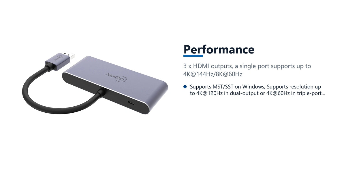 Cruxtec DisplayPort to Triple HDMI Multi-Monitor Adapter 8K@60Hz (Silver Grey 15cm) performance detail image with verified product information