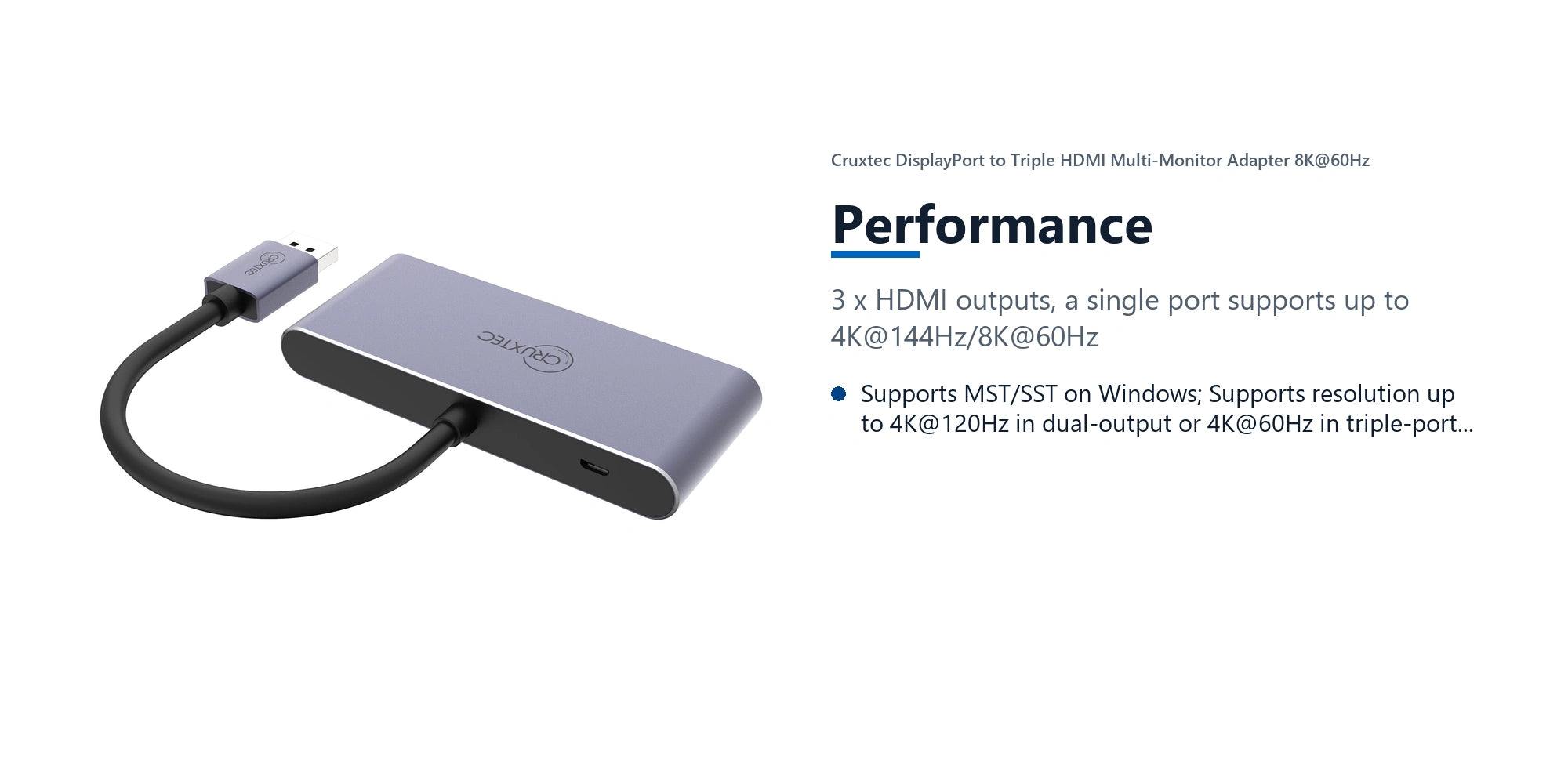 Cruxtec DisplayPort to Triple HDMI Multi-Monitor Adapter 8K@60Hz (Silver Grey 15cm) performance detail image with verified product information
