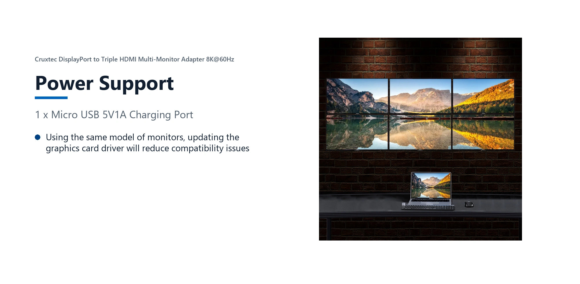 Cruxtec DisplayPort to Triple HDMI Multi-Monitor Adapter 8K@60Hz (Silver Grey 15cm) power support detail image with verified product information