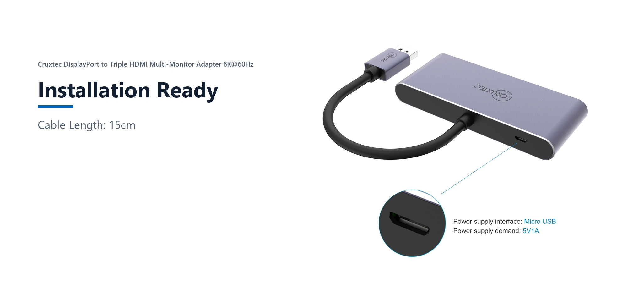 Cruxtec DisplayPort to Triple HDMI Multi-Monitor Adapter 8K@60Hz (Silver Grey 15cm) installation ready detail image with verified product information