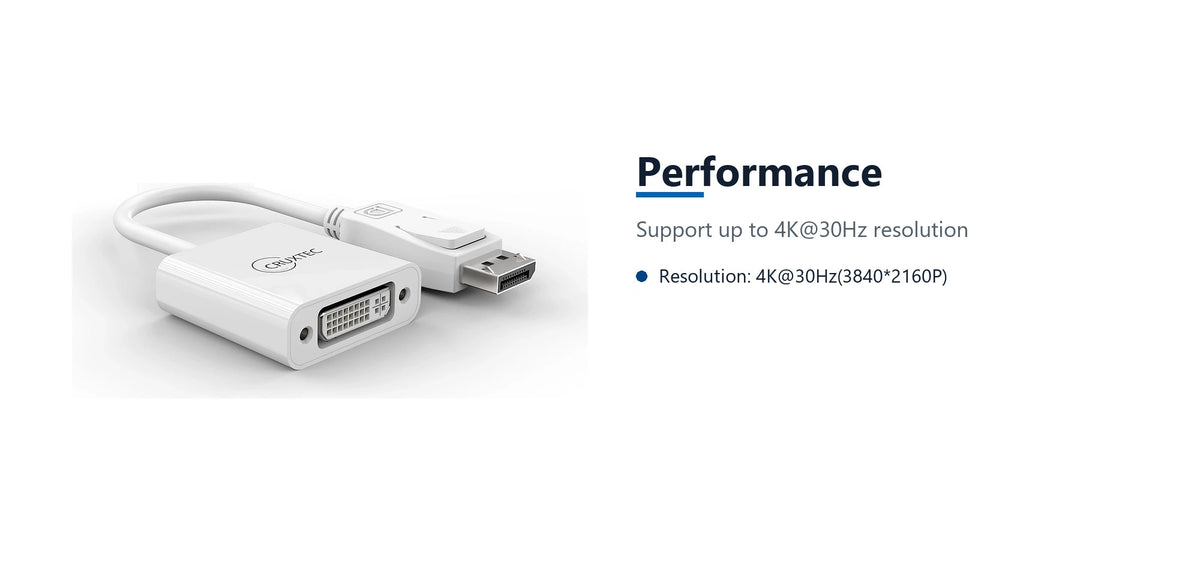 Cruxtec DisplayPort to DVI-D Adapter 4K@30Hz (White 15cm) performance detail image with verified product information