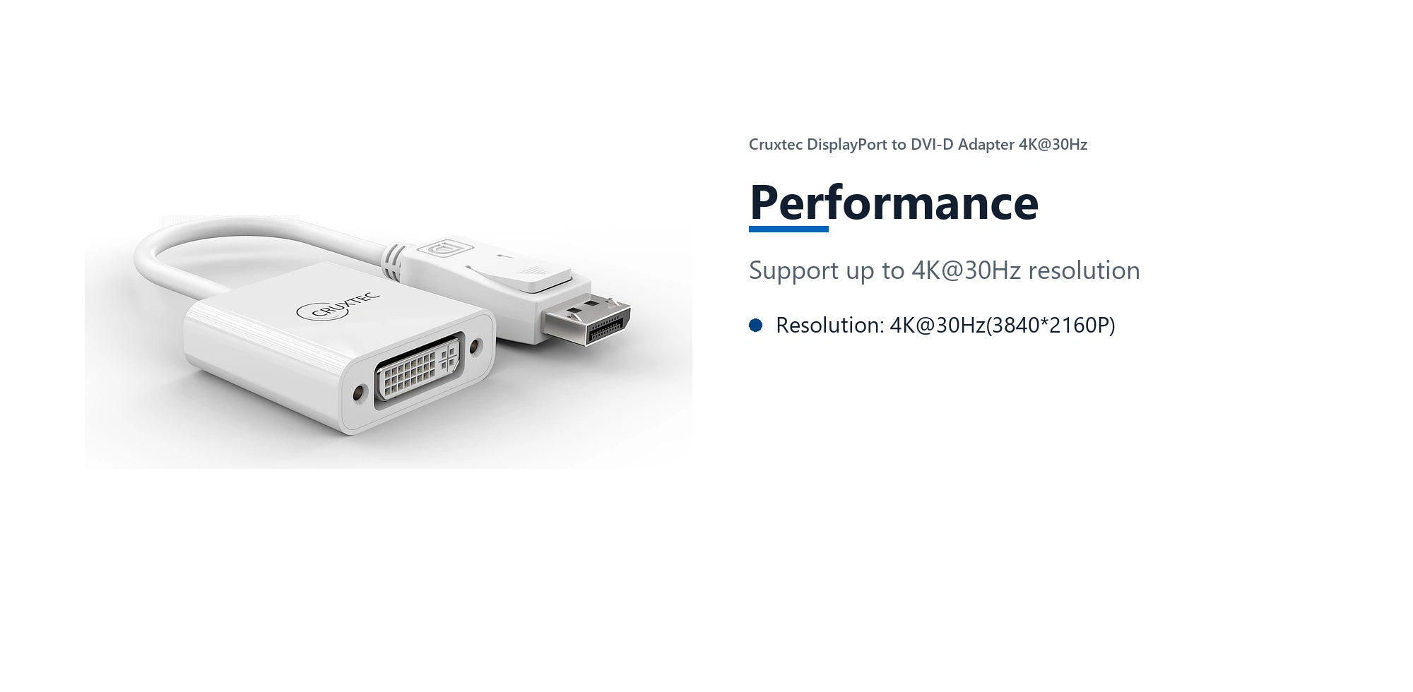 Cruxtec DisplayPort to DVI-D Adapter 4K@30Hz (White 15cm) performance detail image with verified product information