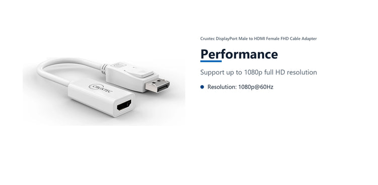 Cruxtec DisplayPort Male to HDMI Female FHD Cable Adapter (15cm) performance detail image with verified product information