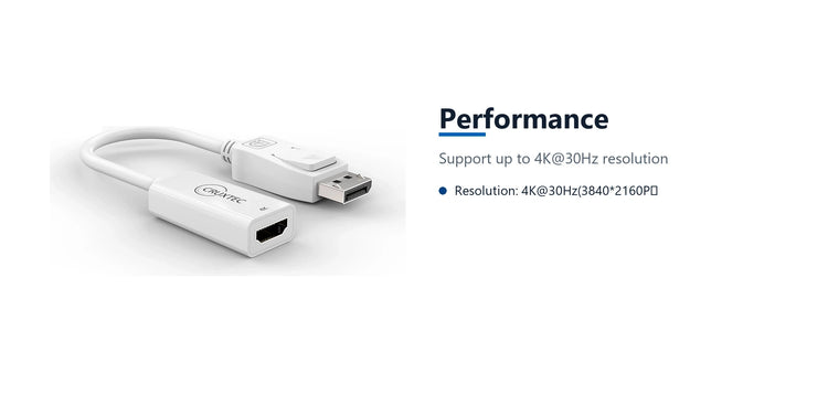 Cruxtec DisplayPort to HDMI Adapter 4K@30Hz (White 15cm) performance detail image with verified product information
