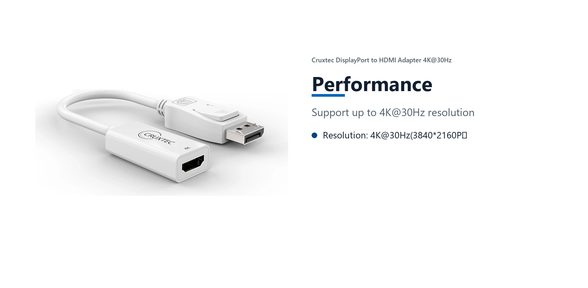 Cruxtec DisplayPort to HDMI Adapter 4K@30Hz (White 15cm) performance detail image with verified product information