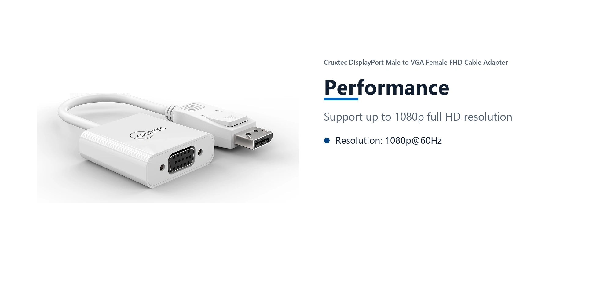 Cruxtec DisplayPort Male to VGA Female FHD Cable Adapter (15cm) performance detail image with verified product information