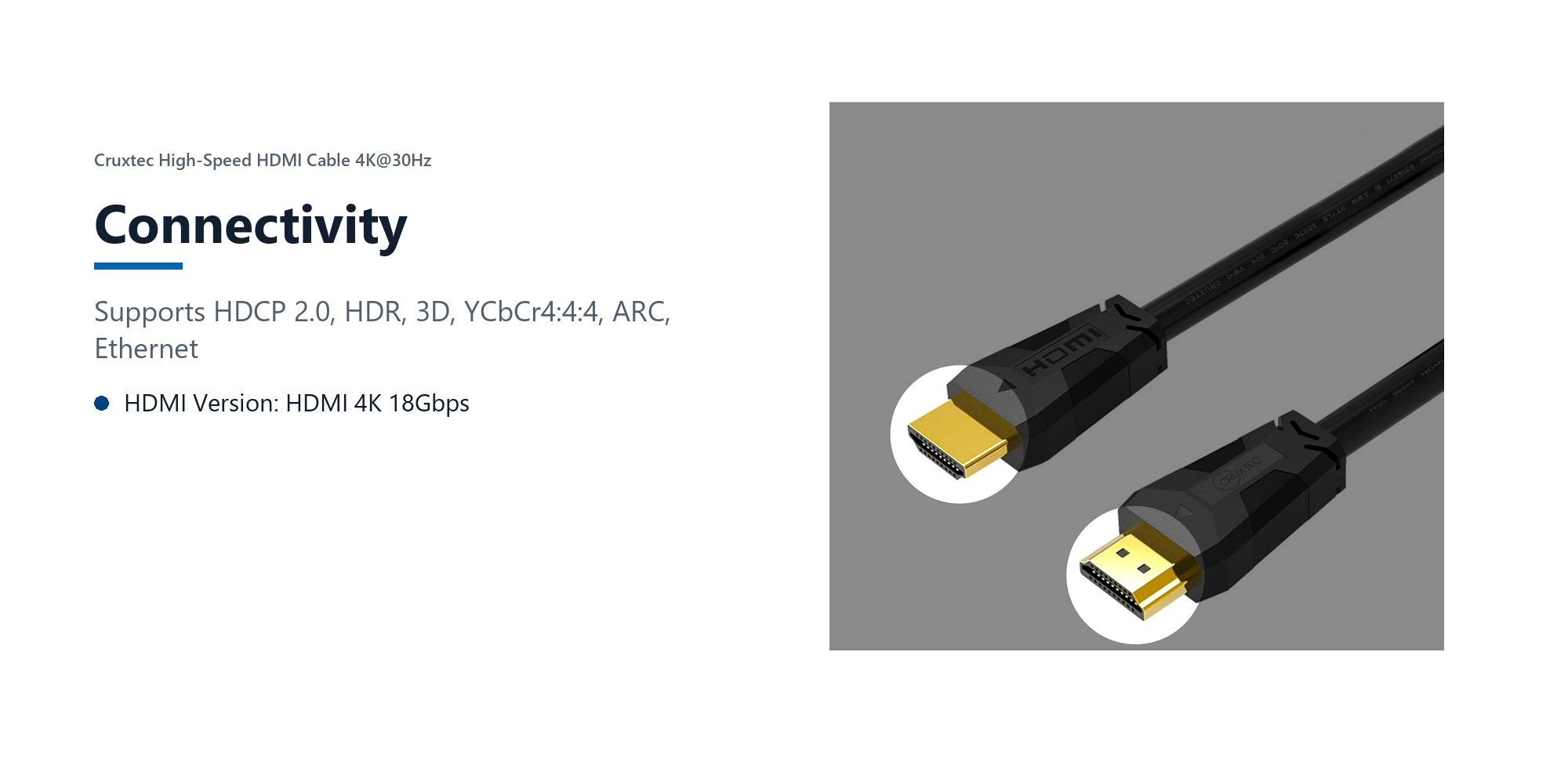Cruxtec High-Speed HDMI Cable 4K@30Hz (Black 15m) connectivity detail image with verified product information