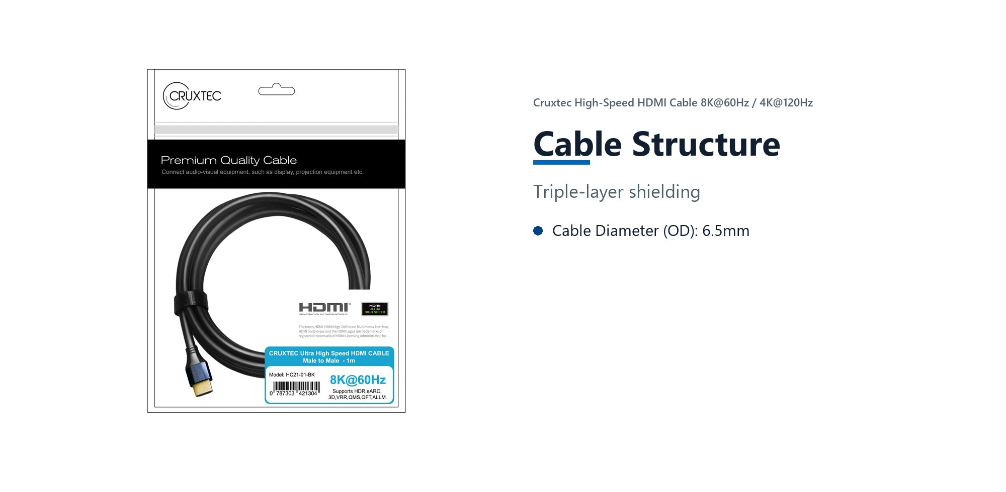 Cruxtec High-Speed HDMI Cable 8K@60Hz / 4K@120Hz (Black 1m) cable structure detail image with verified product information