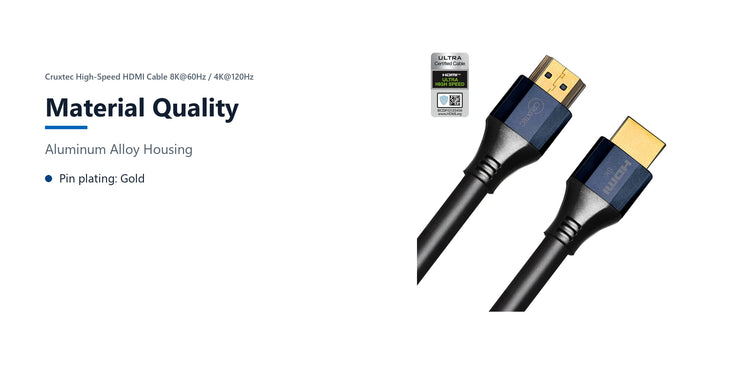 Cruxtec High-Speed HDMI Cable 8K@60Hz / 4K@120Hz (Black 2m) material quality detail image with verified product information