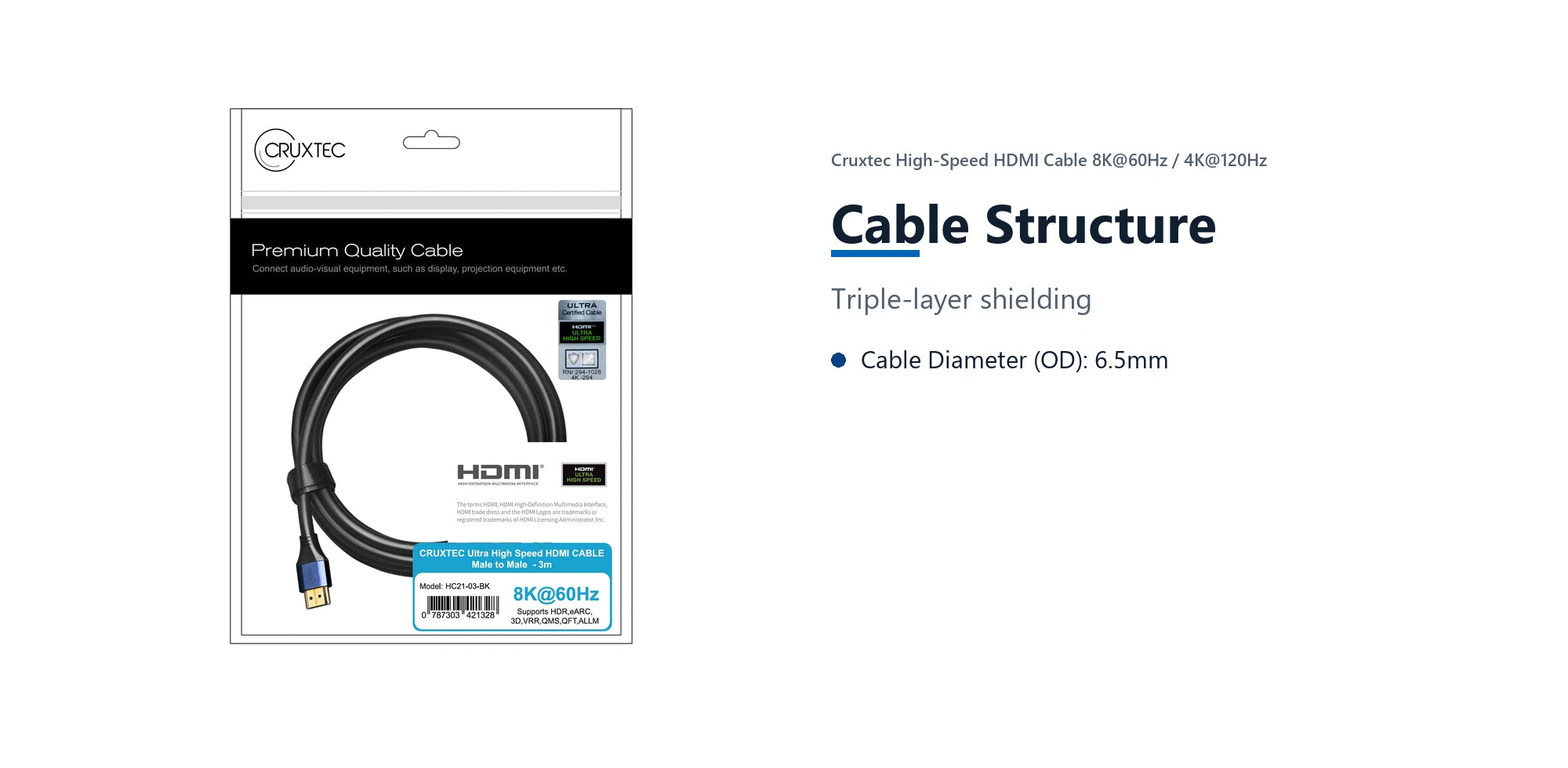 Cruxtec High-Speed HDMI Cable 8K@60Hz / 4K@120Hz (Black 3m) cable structure detail image with verified product information