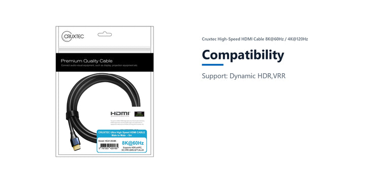 Cruxtec High-Speed HDMI Cable 8K@60Hz / 4K@120Hz (Black 5m) compatibility detail image with verified product information