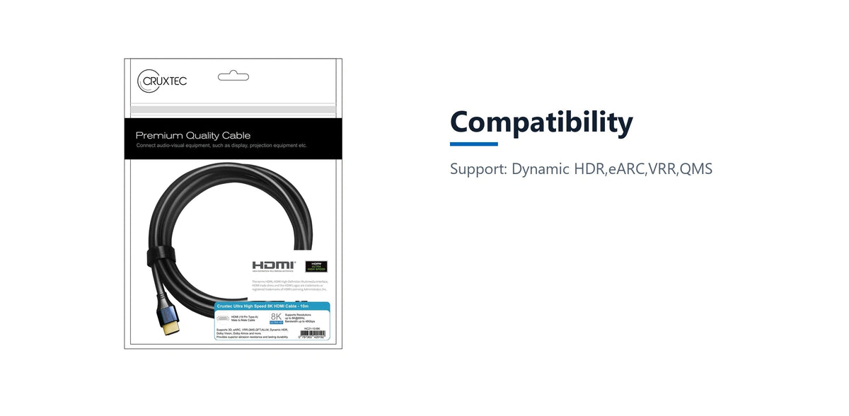 Cruxtec High-Speed HDMI Cable 8K@60Hz / 4K@120Hz (Black 10m) compatibility detail image with verified product information