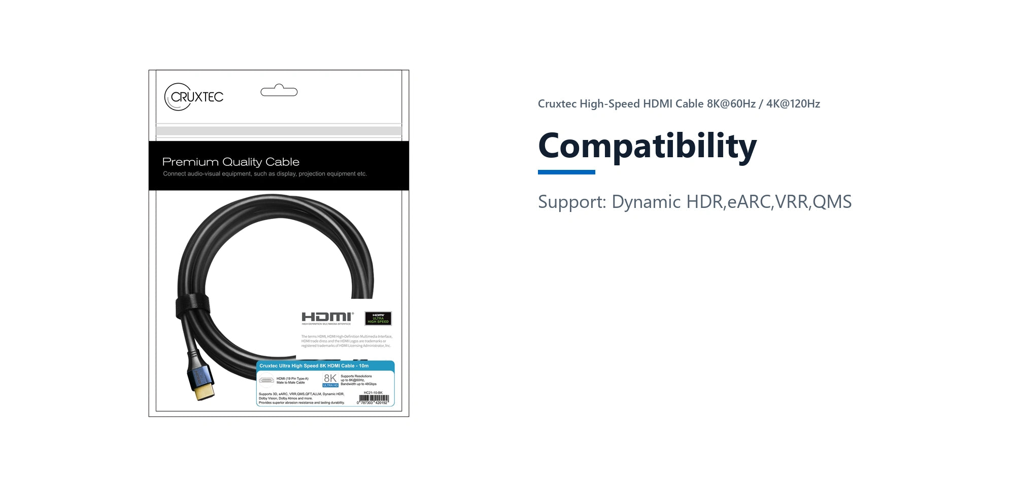 Cruxtec High-Speed HDMI Cable 8K@60Hz / 4K@120Hz (Black 10m) compatibility detail image with verified product information